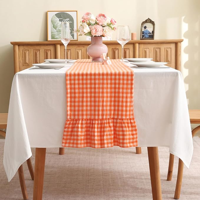 Orange White Plaid Gingham Ruffle Table Runner 90 inches Long 100% Washed by KMASANIJI