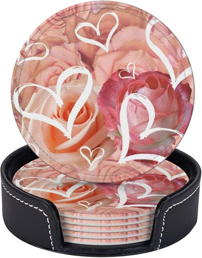 Drink Coasters with Holder Stand Set of 6, Heart Pink Rose Flower Pu Leather by Unknown