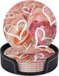 Drink Coasters with Holder Stand Set of 6, Heart Pink Rose Flower Pu Leather by Unknown