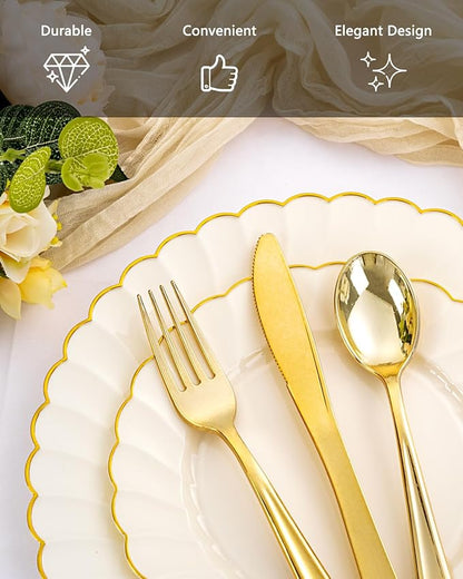 YOUBET 350PCS Ivory Scalloped Plastic Plates - Ivory and Gold Disposable Dinnerware Set Include 100 Plates, 150 Gold Silverware, 50 Cups, 50 Napkins for Wedding & Party