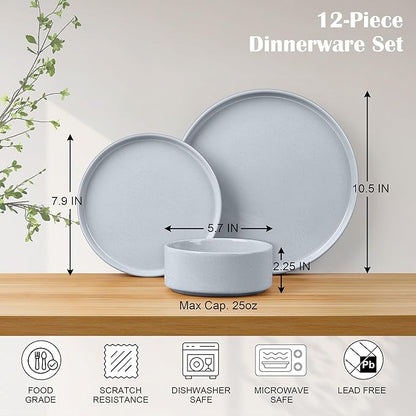 E-far Stoneware Dinnerware Sets, 12-Piece Plates and Bowls Dish Set for 4, Kitchen Modern Dinning Ware, Chip and Scratch Resistant, Microwave & Dishwasher Safe, Speckled Gray