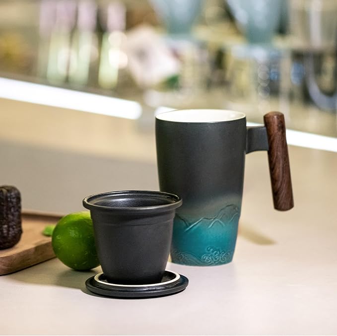 suyika Ceramic Tea Cup with Infuser and Lid Tea Mugs Wooden Handle 400ml/13.5oz - Image 6