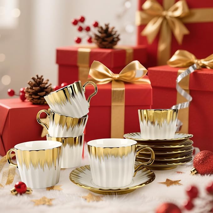 Coffee Cup Set of 6 with Saucers, 3.5 OZ Ceramic Espresso Cups, Deco Golden - Image 6