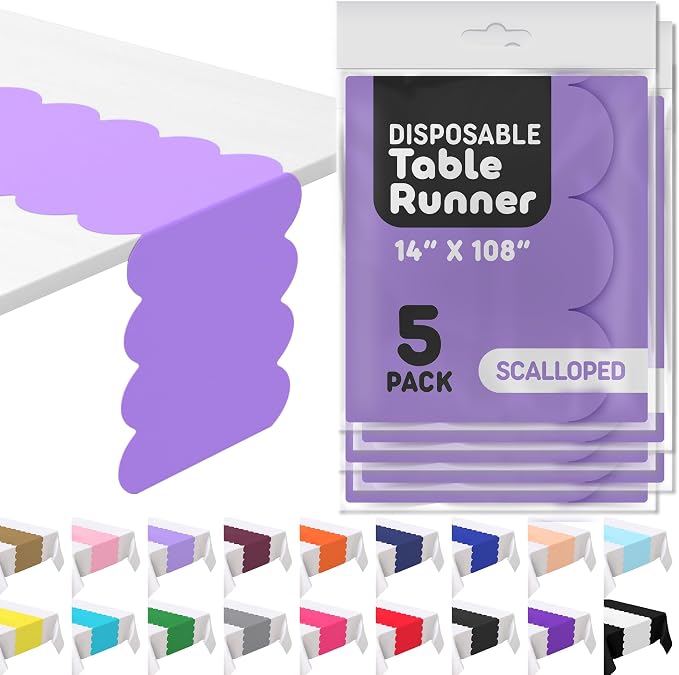 Lavender Plastic Disposable Table Runner. 5 Pack 14 x 108 inch. Scallop Table by Swanoo