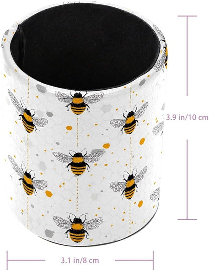 Leather Pen Holder for Desk, Bees Pencil Cup Pen Organizer Makeup Brush Holder - Image 3