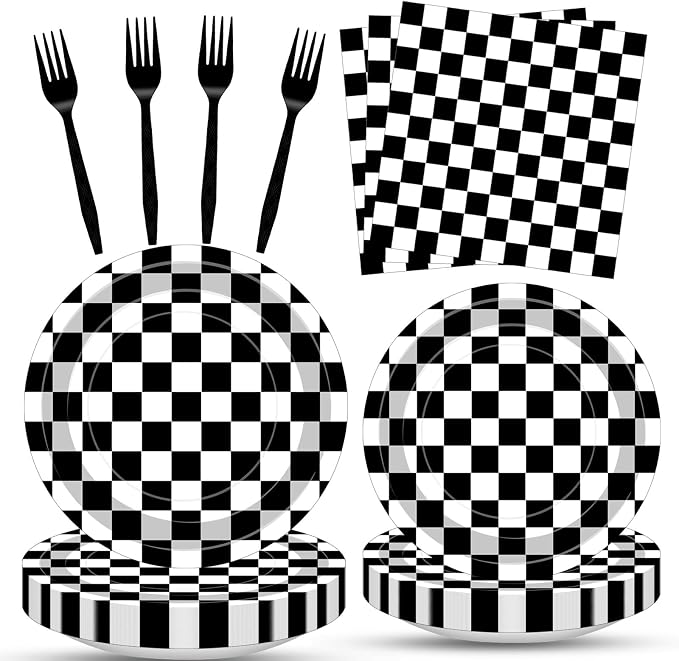 100 Pcs Racing Checkered Party Supplies Set, Serves 25 – Disposable Black and by Merriva