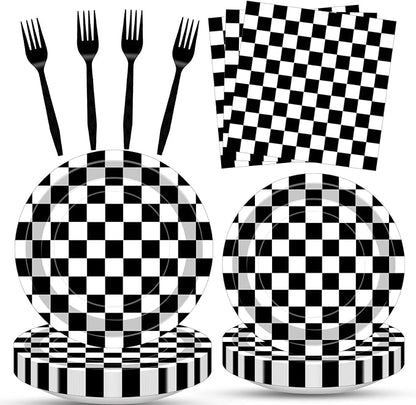 100 Pcs Racing Checkered Party Supplies Set, Serves 25 – Disposable Black and by Merriva