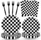 100 Pcs Racing Checkered Party Supplies Set, Serves 25 – Disposable Black and by Merriva