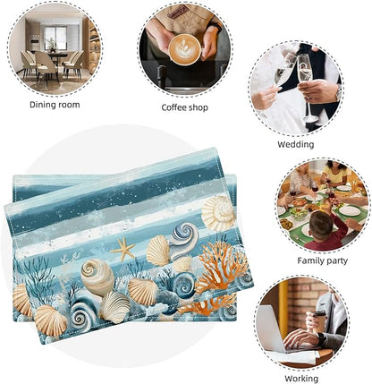 Ocean Seashell Placemats Set of 4, Beach Starfish Place Mats, Coastal Marine Life Waterproof Washable Table Mats for Home Party Indoor Kitchen Dining Table Decoration 12x18 Inch