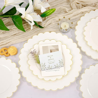 LIYH 120 Pcs Ivory Scalloped Plastic Plates Disposable - Ivory and Gold Plastic Plates - Gold Fancy Disposable Party Dinner & Dessert Plate for Wedding Birthday Valentines Day