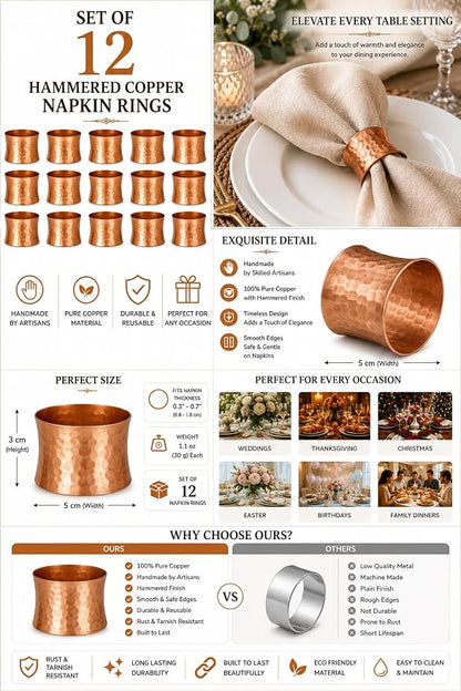 Round Hammered Napkin Rings Set of 12, Napkin Rings Bulk, Serviette Adornment - Image 4