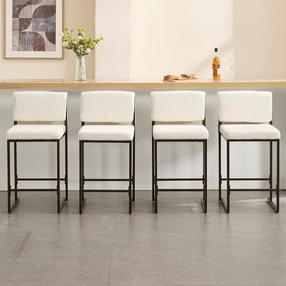 Modern Barstools Set of 2, 26” Upholstered Counter Height Bar Stools Sherpa Fabric Counter Stools with Padded Back Metal Frame for Kitchen Island Dining Room, White