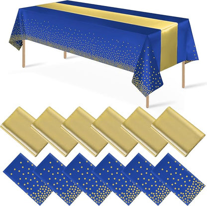 12Pack Disposable Plastic Tablecloths and Satin Table Runner Set Blue and Gold by MASHAN