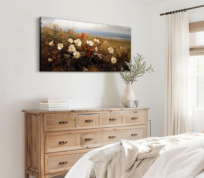 ADJUVANT Wall Art Vintage Coastal Wildflower Field 60"L x 30"W, Seaside Meadow With White And Orange Blooms Canvas Painting Nature Artwork Retro Floral Prints Botanic Wall Decor for Living Room Bedroom