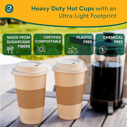 ECO SOUL 200 Pack 16 oz Disposable Coffee Cups with Lids & Sleeves Eco-Friendly, Biodegradable, Compostable, Leak-free & Sturdy To Go Hot Drink Cup for Tea, Chocolate Party Travel Cafe Office & Home