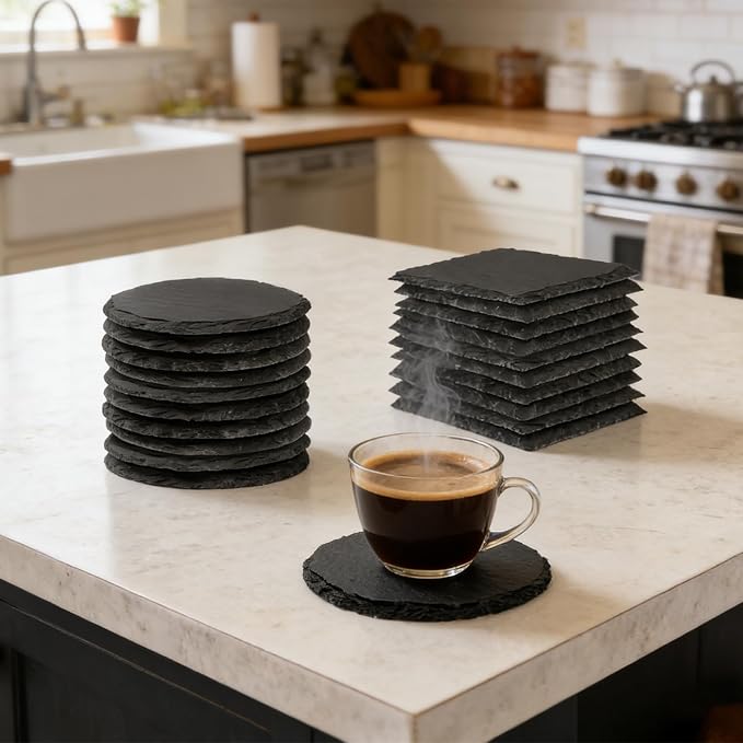 24 Pcs Slate Coasters, 4 inch Black Stone Coaster Set, Square，Round | Perfect - Image 3