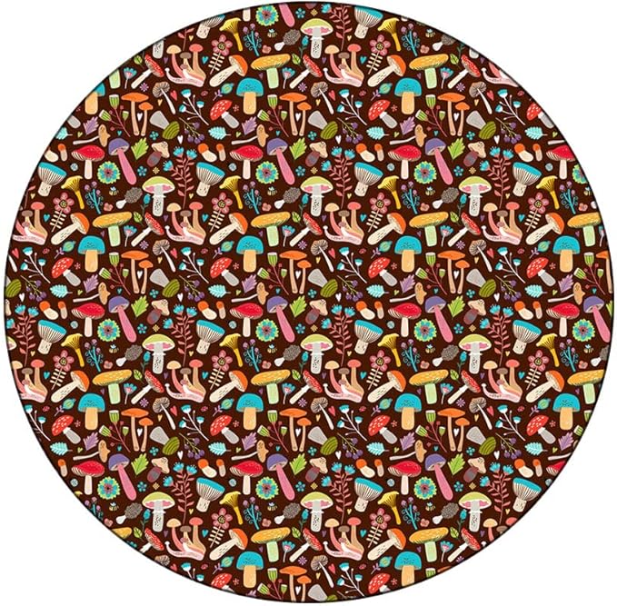 Round Edge Closing Tablecloth, Mushrooms Elastic Edged Tablecloth, Attractive Various Cartoon Leaves and Mushrooms Graphic, Fit Round Tables 56inch Diameter, Buffet Table, Parties, Holiday Dinner