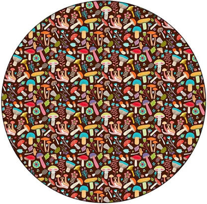 Small Round Tablecloth, Mushrooms Washable Polyester Table Cloth for, Attractive Various Cartoon Leaves and Mushrooms Graphic, Fit Round Tables 61inch, for Holiday Dining Table, Dinner, Party