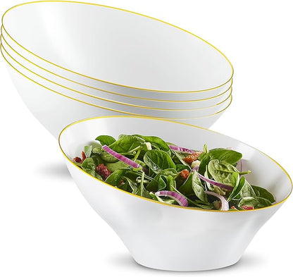 PLASTICPRO Angled Plastic Bowls Disposable Large Plastic White Serving Bowls with Gold Rim for Party for Appetizer Salads Pack of 4