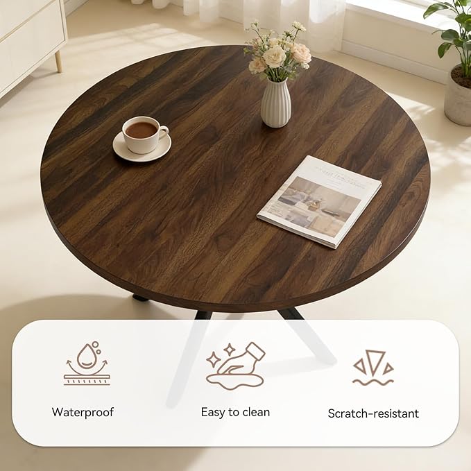 44" Round Dining Table with Cozy Chair Set for 4, Modern Mid-Century Dining Table Set of 4, Dinette Sets with Metal Leg for Kitchen Dining Room Apartment(Walnut Table + Beige Chairs)