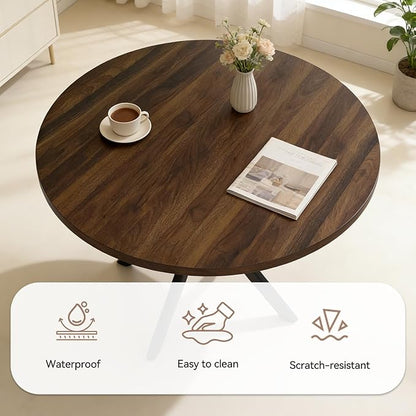 44" Round Dining Table with Cozy Chair Set for 4, Modern Mid-Century Dining Table Set of 4, Dinette Sets with Metal Leg for Kitchen Dining Room Apartment(Walnut Table + Beige Chairs)