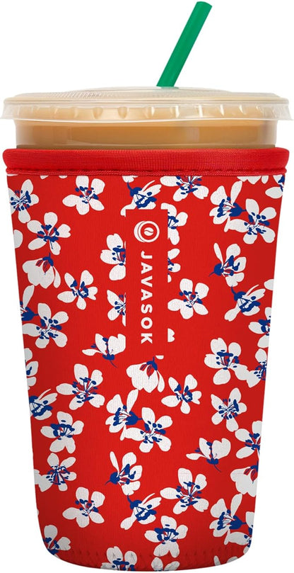 Sok It JavaSok Iced Coffee & Cold Soda Insulated Neoprene Cup Sleeve (Red White and Bloom, Medium: 22-28oz)