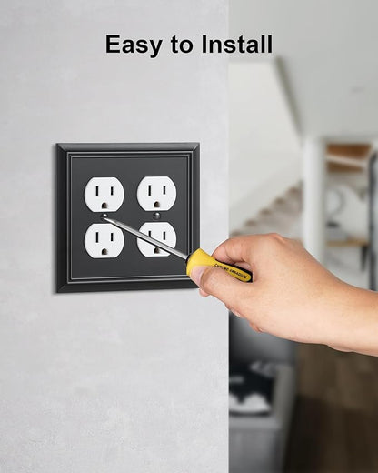 2-Pack Double Duplex Outlet Cover, Matte Black Decorative Switch Plates and Outlet Covers for Electrical Outlets, Durable Natural Bamboo Fiber Wall Plates, 2 Gang Receptacle Cover