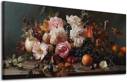 ADJUVANT Wall Art Vintage Floral And Fruit 40" L x 20" W, Peonies With Grapes And Citrus Canvas Painting Prints Graceful Botanic And Fruity Wall Decor for Living Room Bedroom Dining Room Home Office