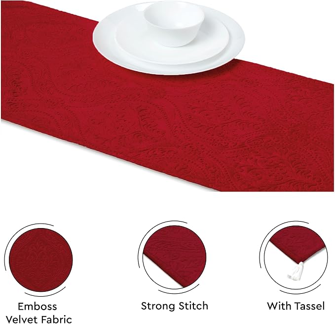 Encasa XO Table Runner, Embossed Velvet, Elegant 13"x72" | Red, 175 GSM - Image 3