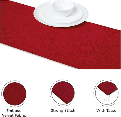 Encasa XO Table Runner, Embossed Velvet, Elegant 13"x72" | Red, 175 GSM - Image 3