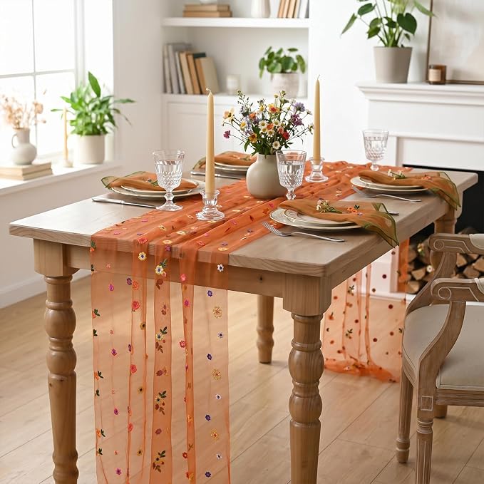 Artoid Mode Caramel Daisy Gauze Table Runner 120 Inch 10FT | Seasonal Sheer - Image 2