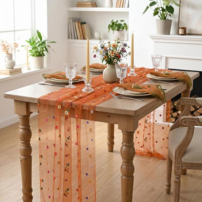 Artoid Mode Caramel Daisy Gauze Table Runner 120 Inch 10FT | Seasonal Sheer - Image 2