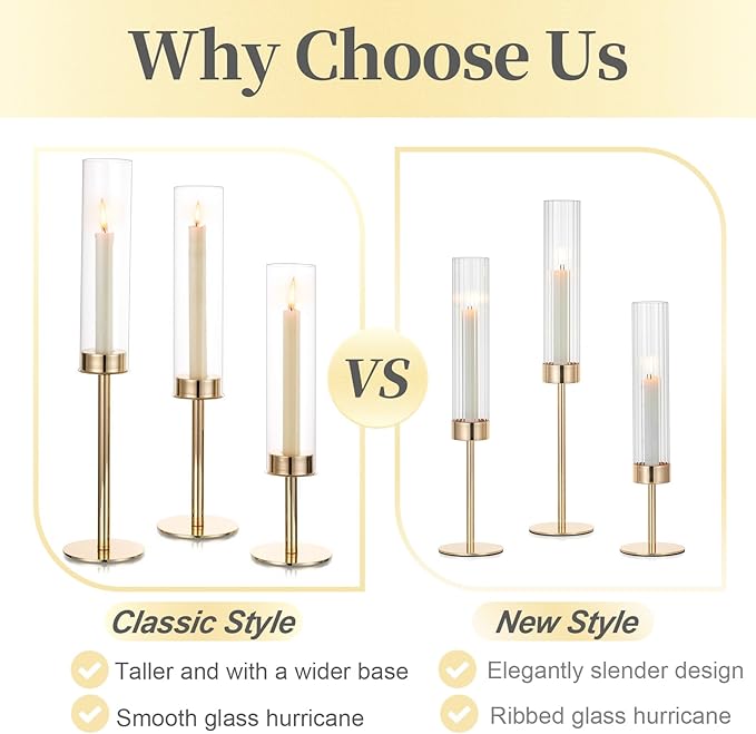 Hewory Gold Candle Holders Hurricane Candlestick Holders, 12Pcs Candle Stick Candle Holder Candelabra, Taper Candle Holders with Glass Candle Cover for Wedding Table Centerpiece Christmas Decor
