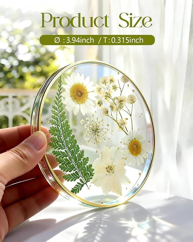 Oqplog Resin Drink Coaster for Desk Coffee Table-White Cute Dried Flowers Cup - Image 2