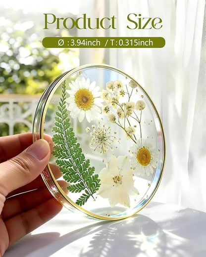 Oqplog Resin Drink Coaster for Desk Coffee Table-White Cute Dried Flowers Cup - Image 2
