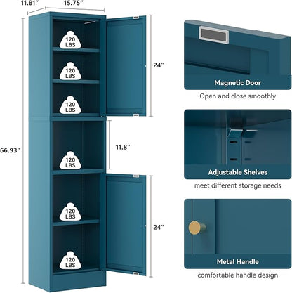 2-Door Metal Storage Cabinet, Tall Slim Pantry Organizer with 3 Adjustable Shelves (120LBS/Shelf), Anti-Tipping Waterproof Cabinet for Bathroom/Kitchen/Home Office/Small Spaces,(1PC,Blue)
