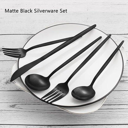 Matte Black Silverware Set, VANVRO 60-Piece Stainless Steel Flatware Set - Image 3