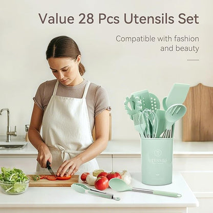 Silicone Kitchen Utensils Set, 28 Pcs Cooking Utensils Set 446°F Heat Resistant Spatula Set, Food Grade Silicone and Stainless Steel Handle Kitchen Gadgets for Nonstick Cookware BPA Free