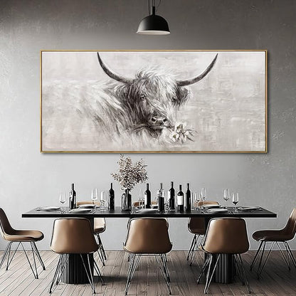 MLART99 Extra large Elegant Cow Canvas Animal Wall Art White and Grey Posters with Floral Gold Ox Print - 32x70 Inch Modern Home Decor for Living Room Entryway