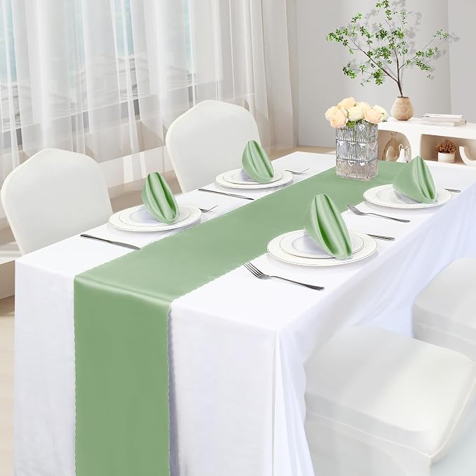 VACVELT Sage Green Satin Table Runners, 12x72 Inch, 6 Pack, Scalloped Edge | - Image 2