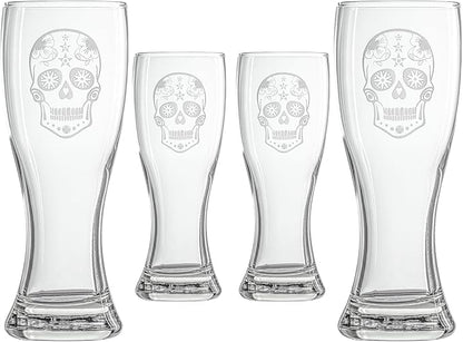 Rolf Glass Sugar Skull 20oz Beer Pilsner | Set of 4 | Large Craft Beer Glasses | Designed and engraved in the USA
