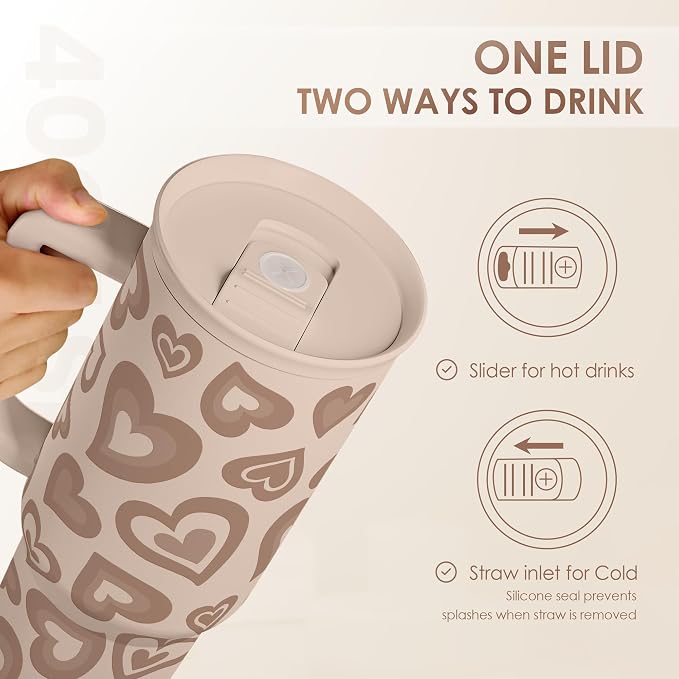 SANDJEST Heart Tumbler with Handle and Straw 40oz – Stainless Sleel Slider - Image 4