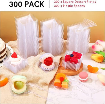 300 Pcs Mini Clear Dessert Plate Small Square Plastic Appetizer Plate with 300 Tasting Spoon Disposable 1 oz 2.4x2.4 Inch Party BBQ Wedding Picnic Party Travel Events Microwavable(Elegant)