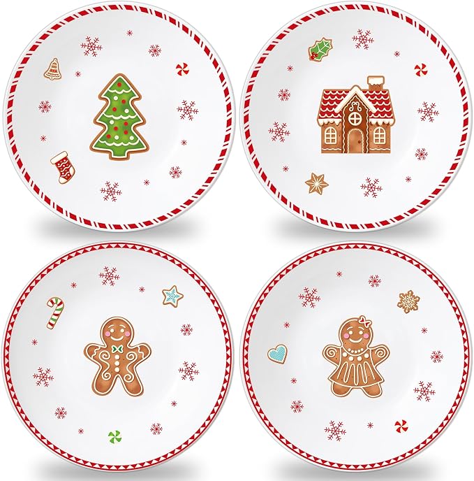 4 Set 10 Inch Christmas Dinner Plates Melamine Christmas Gingerbread Man by Afniimyapt