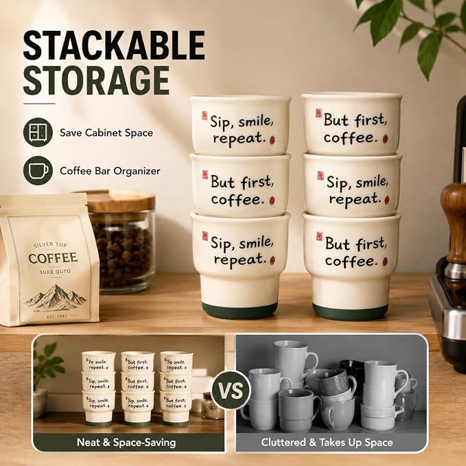 Ceramic Espresso Cups Set of 2, 3.52 OZ Handleless Demitasse Cups, Stackable - Image 4