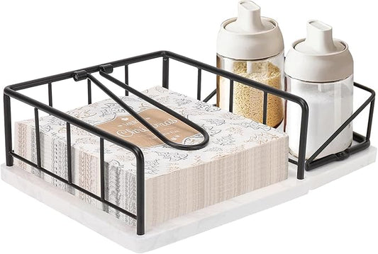 Livabber Flat Napkin Holder, Metal Kitchen Napkin Storage with Weighted Tension Arm Rustic Tissue Paper Dispenser for Countertop, Table Kitchen, Dining Room (with Marble Base, Black Napkin Holder Set)