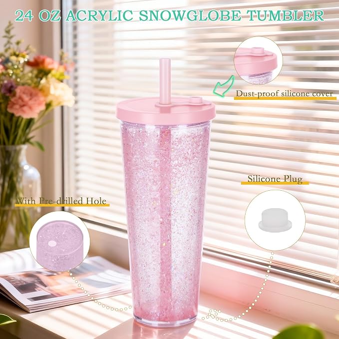 6 Pack 24Oz Snow Globe Tumblers, Double Wall Acrylic Pre Drilled Snow Globe Cup - Image 3