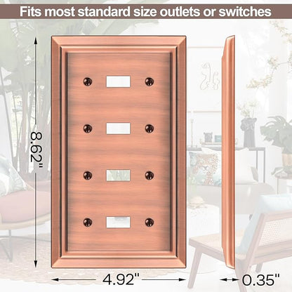 Metal Wall Plate for Electrical Outlets, Decorative Antique Copper Switch Plates Outlet Cover, Light Switch Cover Plate, 4-Gang Wall Plates (Quad Toggle, 1 Pack)