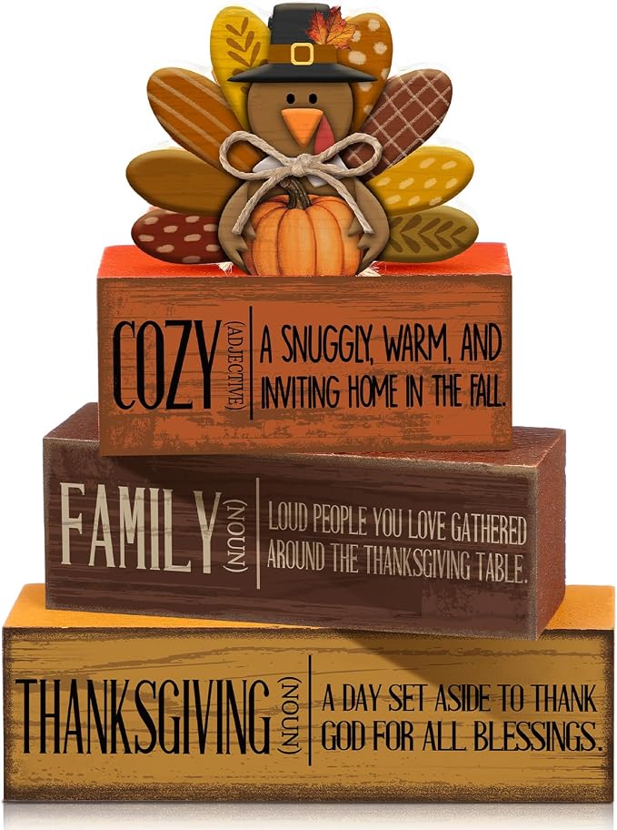 Moucuny 4 Pcs Fall Decorations for Home Wooden Turkey Decor Thanksgiving Tiered by Moucuny