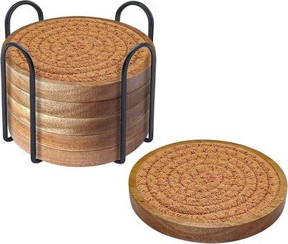 6 Pack Coasters for Drinks Absorbent, 4.3 inches Cork Coasters for Coffee Tables, Wooden Drink Coasters for Table Protection, Cute Coasters for Kitchen, Farmhouse, Bar, and Office (Dark Brown)